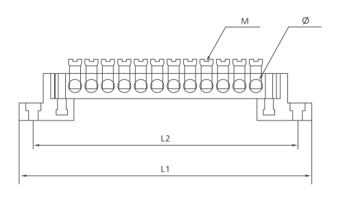 KASEEY Brass Terminal block T001 dimension drawing showing L1, L2, M and diameter dimensions