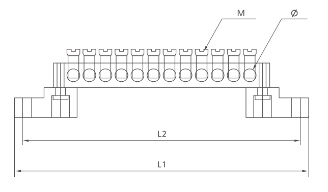 KASEEY Brass Terminal block T003 dimension drawing showing L1, L2, M and diameter dimensions