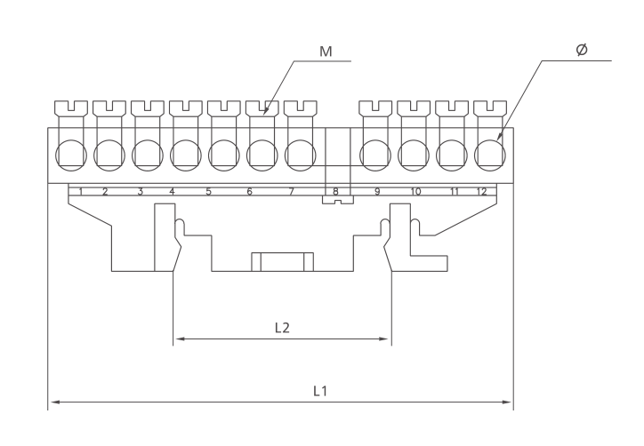 KASEEY Brass Terminal block T007 dimension drawing showing L1, L2, M and diameter dimensions