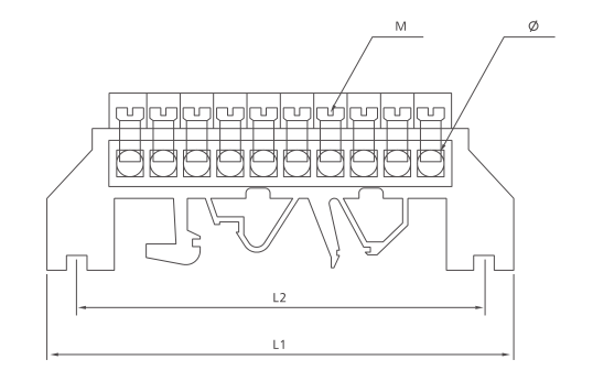 KASEEY Brass Terminal block T009 dimension drawing showing L1, L2, M and diameter dimensions