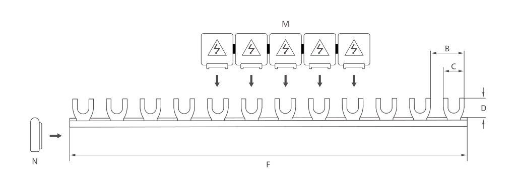 KASEEY F-1L M6 fork type 1-phase busbar dimension drawing showing B, C, D and F dimensions