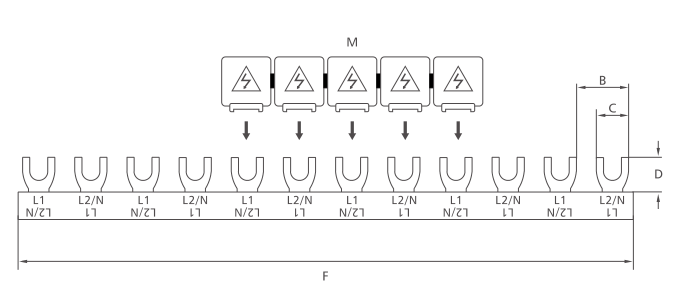 KASEEY Fork type 2-phase closed busbars F-2L-D M6 dimension drawing showing B, C, D and F dimensions