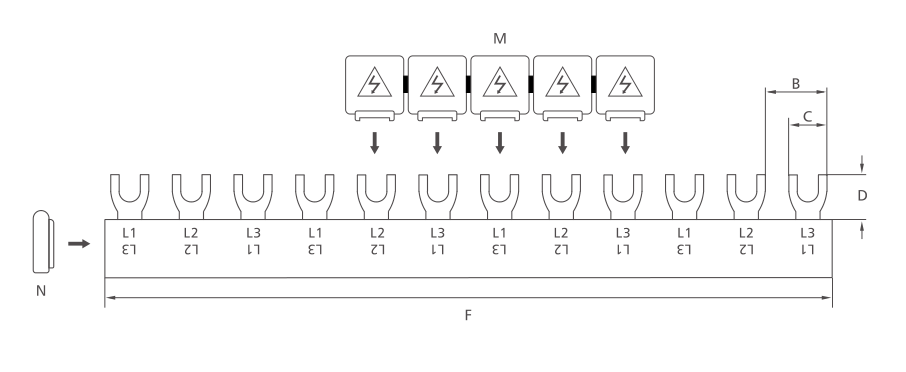 KASEEY F-3L M5 fork type 3-phase busbar dimension drawing showing B, C, D and F dimensions