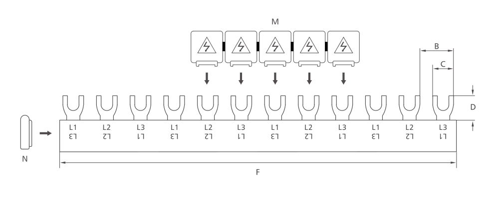 KASEEY F-3L M6 fork type 3-phase busbar dimension drawing showing B, C, D and F dimensions