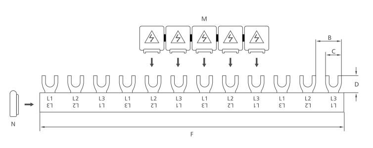 KASEEY Fork type 3-phase closed busbars F-3L-D M6 dimension drawing showing B, C, D and F dimensions