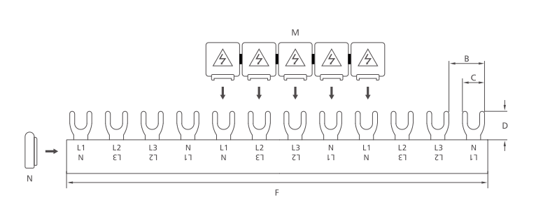KASEEY Fork type 4-phase busbars G-4L M6 dimension drawing showing B, C, D and F dimensions