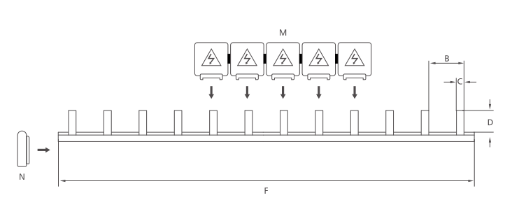 KASEEY P-1L pin type 1-phase busbar dimension drawing showing B, C, D and F dimensions