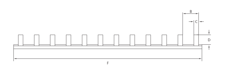 KASEEY C45 pin type 1 phase busbar dimension drawing showing B, C, D and F dimensions