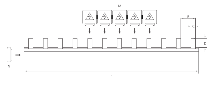 KASEEY Pin type 1-phase busbars M5.5 dimension drawing showing B, C, D and F dimensions