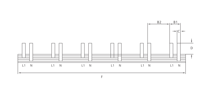 KASEEY DPN-LE pin type 1P+N busbar dimension drawing showing B1, B2, C, D and F dimensions