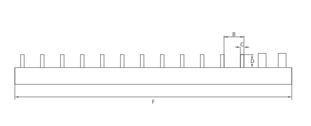 KASEEY Pin type 2-phase combination P-Series busbars dimension drawing showing B, C, D and F dimensions