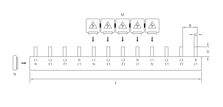 KASEEY P-4L pin type 4-phase busbar dimension drawing showing B, C, D and F dimensions