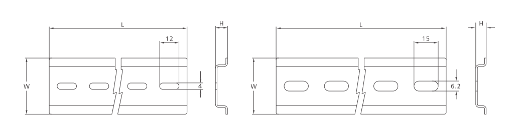 KASEEY steel and aluminum DIN rail dimension drawing showing L, W, H and hole dimensions