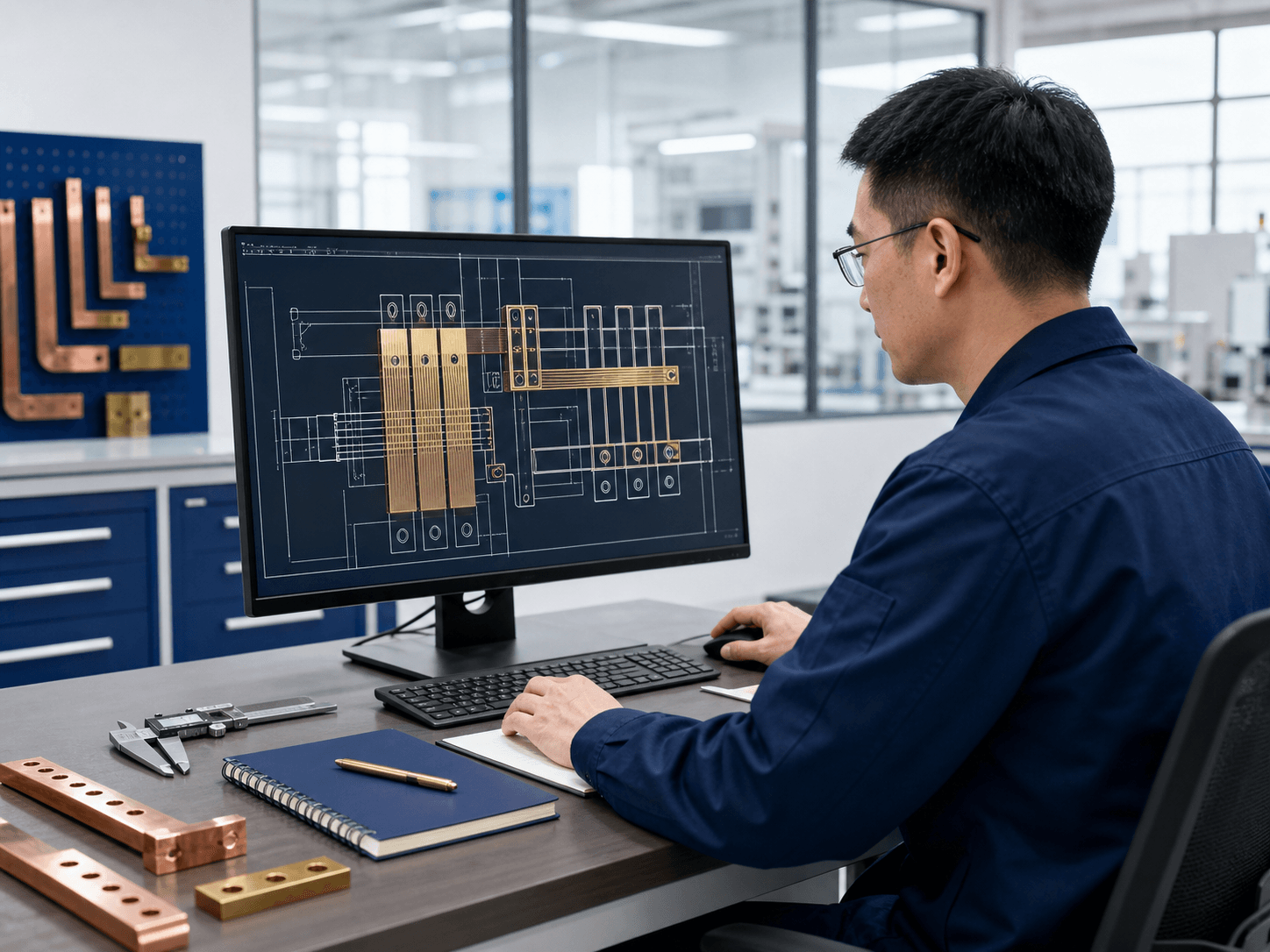 Chinese electrical engineer drawing a busbar schematic at a computer
