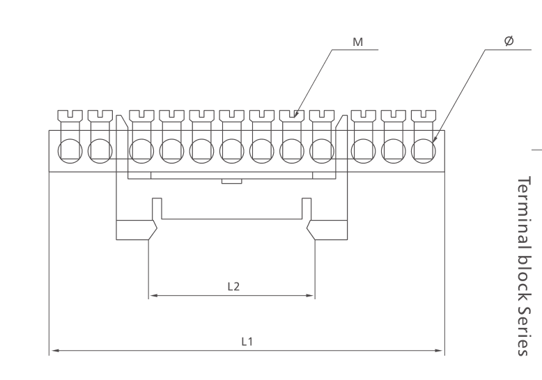 KASEEY Brass bloque de terminales Dibujo de dimensiones T006 que muestra L1, L2, M y dimensiones de diámetro