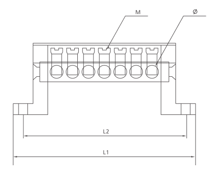 Dibujo de dimensiones de KASEEY Brass bloque de terminales T008 que muestra L1, L2, M y dimensiones de diámetro
