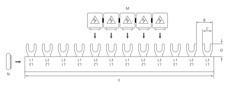 Tipo de horquilla KASEEY trifásica barras colectoras Dibujo de dimensiones G-3L M6 que muestra las dimensiones B, C, D y F
