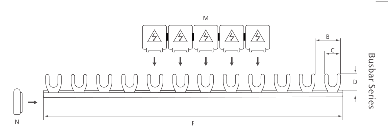 Dibujo de dimensiones KASEEY Pin tipo monofásico barras colectoras M6 que muestra las dimensiones B, C, D y F