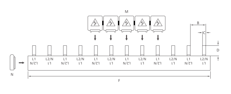 Dibujo de dimensiones barras colectoras S-2L bifásico tipo pin KASEEY que muestra las dimensiones B, C, D y F
