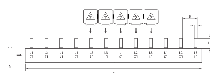 Tipo de pin KASEEY barras colectoras trifásico Dibujo de dimensiones de S-3L que muestra las dimensiones B, C, D y F