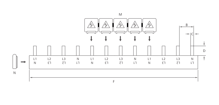 Tipo de pin KASEEY P-4L Dibujo de dimensiones de barra colectora de 4 fases que muestra las dimensiones B, C, D y F