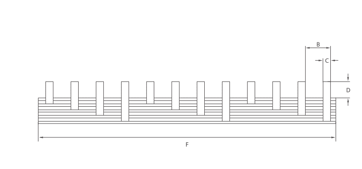 Dibujo de dimensiones barra colectora de 4 fases tipo pin KASEEY C45 que muestra las dimensiones B, C, D y F