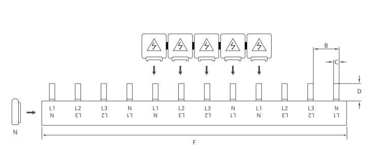 Tipo de pin KASEEY Dibujo de dimensiones de barras colectoras S-4L de 4 fases que muestra las dimensiones B, C, D y F