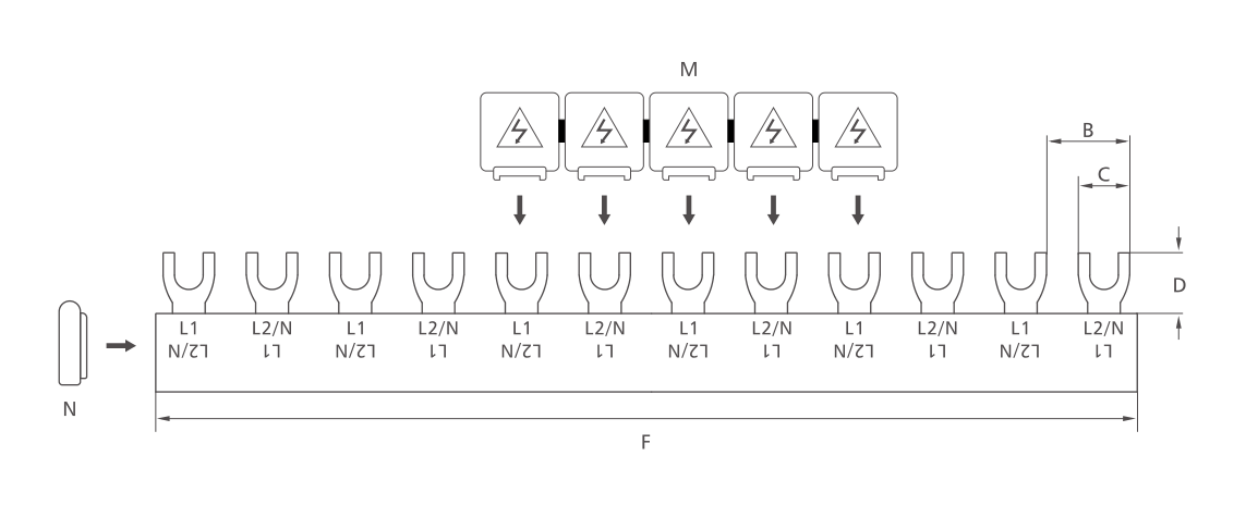 KASEEY F-2L M6 fork type 2-phase busbar dimension drawing showing B, C, D and F dimensions