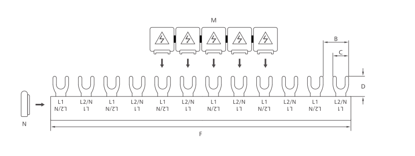 KASEEY Fork type 2-phase busbars G-2L M6 dimension drawing showing B, C, D and F dimensions