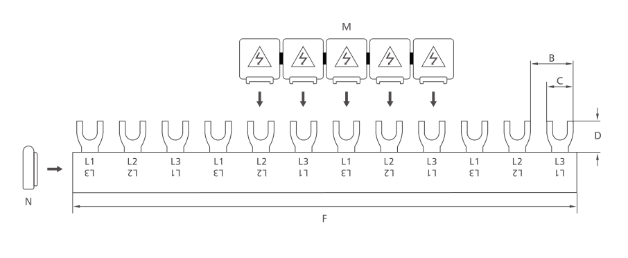 Plano de dimensiones KASEEY F-3L M5 tipo horquilla trifásica barra colectora que muestra las dimensiones B, C, D y F