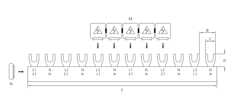 KASEEY Fork type 3L+3N busbars M6 dimension drawing showing B, C, D and F dimensions