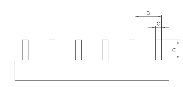 KASEEY Pin type 1P closed busbars P-1L-DA dimension drawing showing B, C and D dimensions
