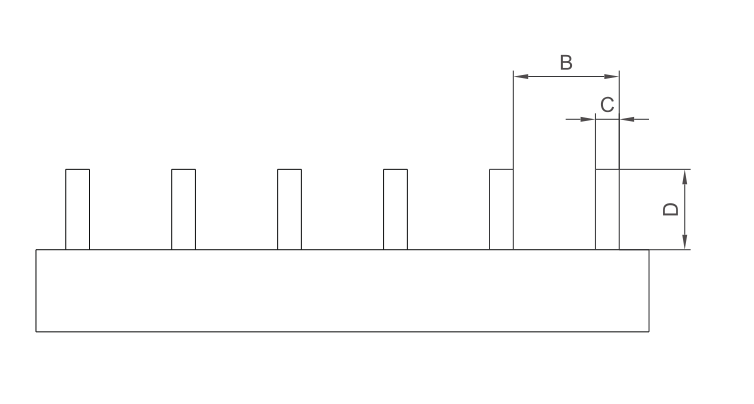KASEEY Pin type 1P closed busbars P-1L-DB dimension drawing showing B, C and D dimensions
