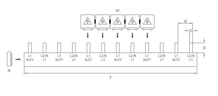 KASEEY P-2L pin type 2-phase busbar dimension drawing showing B, C, D and F dimensions