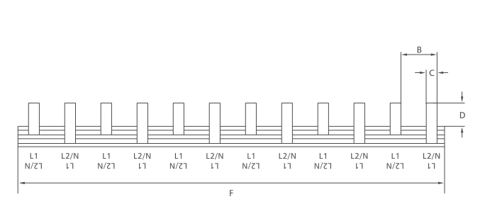 KASEEY C45 pin type 2-phase busbar dimension drawing showing B, C, D and F dimensions