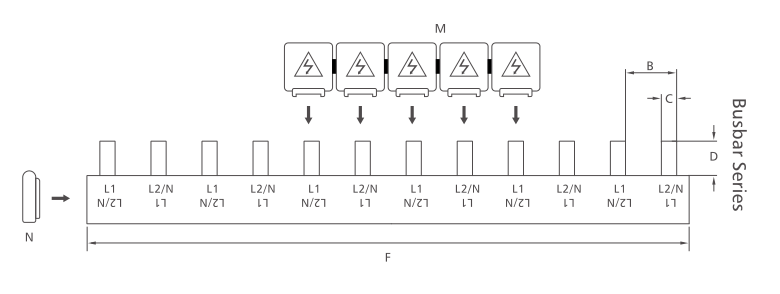 KASEEY Pin type 2-phase busbars M5.5 dimension drawing showing B, C, D and F dimensions