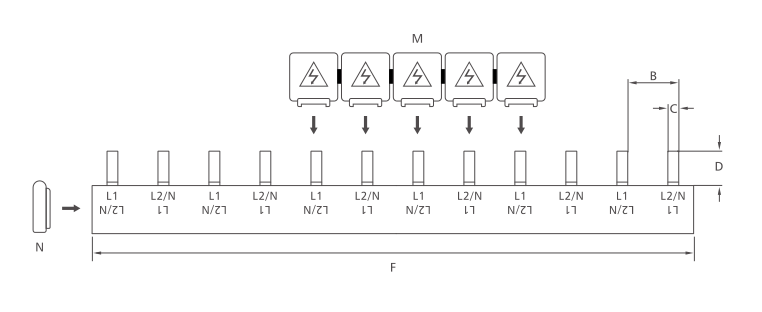KASEEY Pin type 2-phase busbars S-2L dimension drawing showing B, C, D and F dimensions