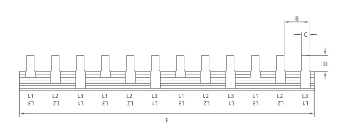 KASEEY C45 pin type 3-phase busbar dimension drawing showing B, C, D and F dimensions