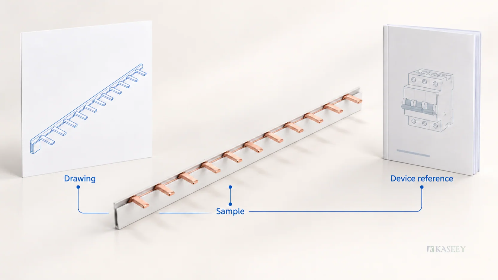 Comb busbar sample linked to its controlled drawing and device-reference documentation