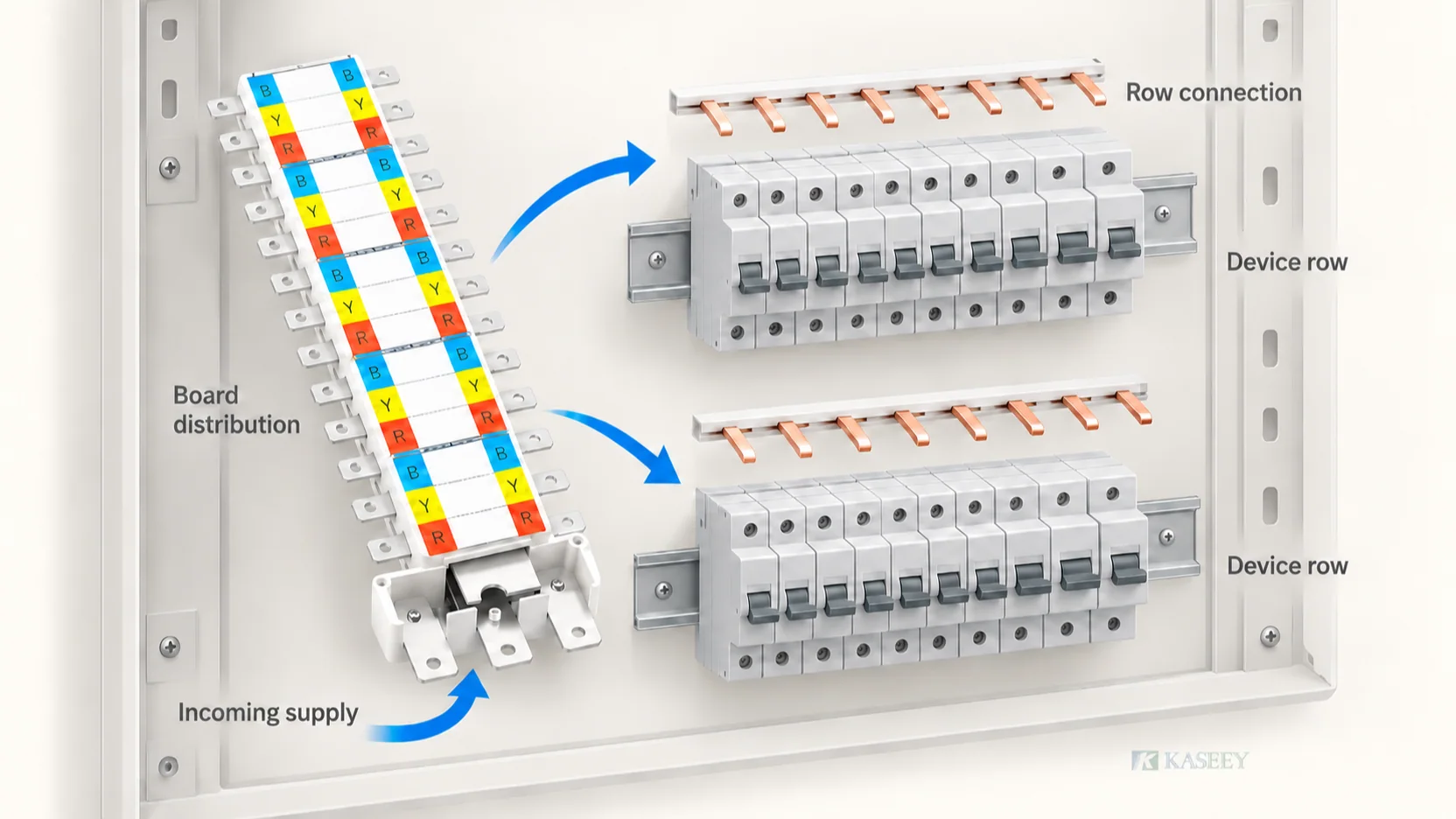 Conceptual panel with a pan distribution strip beside two modular-device rows, separate pin combs and blue functional arrows